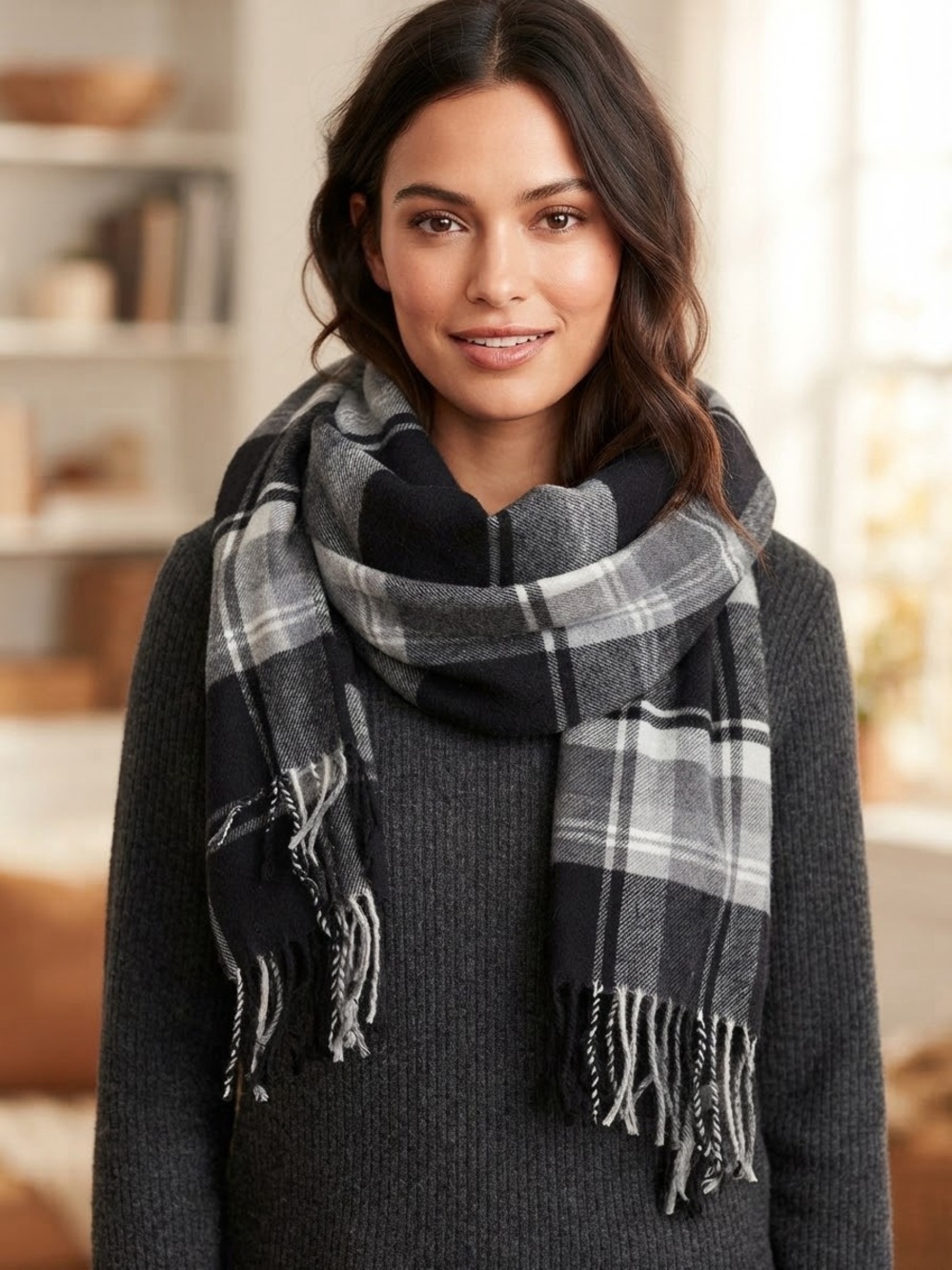 Old Navy Black & Gray Plaid Scarf / Wrap